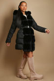 Belted Faux Fur Trim Midi Puffer Coat