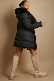 Belted Faux Fur Trim Midi Puffer Coat