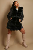 Belted Faux Fur Trim Midi Puffer Coat