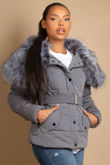 Grey Quilted Jacket with Heavy Fur Collar 