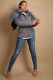 Grey Quilted Jacket with Heavy Fur Collar 