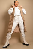 Beige Long Puffer Gilet with Hood