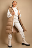 Beige Long Puffer Gilet with Hood