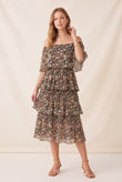 Black Floral Chiffon Tiered Midi Dress