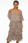 Green Floral Print Off Shoulder Tier Dress