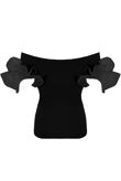 Black Bardot Top With Sheer Frill Sleeve