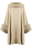 Beige Fur Trim Knitted Cape Pullover