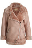 Rose PU Fur Hood Lined Shearling Coat