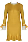 Mustard Ribbed Ruffle Hem Midi Dress