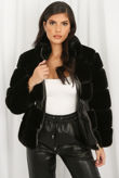 Black Faux Fur Elastic Waist Band Jacket