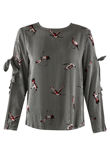 Black Crane Pattern Striped Blouse with Split Tie Sleeves