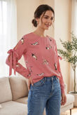 Red Crane Pattern Striped Blouse with Split Tie Sleeves