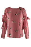 Red Crane Pattern Striped Blouse with Split Tie Sleeves