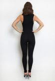 Black Zip Front Ribbed Sleeveless Unitard
