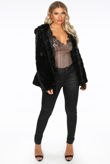 Black Simulated Fur Panels Hooded Coat