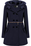 Navy Double Button Detail Fur Hooded Trench Coat