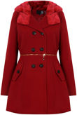 Red Double Button Detail Fur Hooded Trench Coat