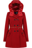 Red Double Button Detail Fur Hooded Trench Coat