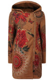 Camel Floral Printed Real Fur Hood Coat