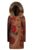 Camel Floral Printed Real Fur Hood Coat