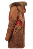 Camel Floral Printed Real Fur Hood Coat