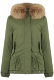 Khaki Waist Tie Fur Hood Parka Jacket