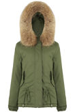 Khaki Waist Tie Fur Hood Parka Jacket