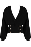 Black Golden Button Trim Low Neck Wrap Up Tops