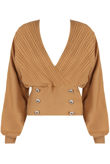 Camel Golden Button Trim Low Neck Wrap Up Tops