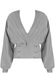Grey Golden Button Trim Low Neck Wrap Up Tops