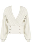 White Golden Button Trim Low Neck Wrap Up Tops