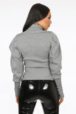 Grey Pleated Sleeve High Neck Ribbed Jumper