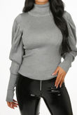 Grey Pleated Sleeve High Neck Ribbed Jumper