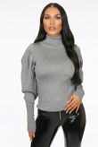 Grey Pleated Sleeve High Neck Ribbed Jumper