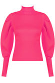 Fuchsia Pleated Sleeve High Neck Ribbed Jumper