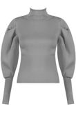 Grey Pleated Sleeve High Neck Ribbed Jumper