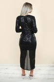 Black Sequin Wrap Look Midi Dress