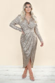 Gold Sequin Wrap Look Midi Dress