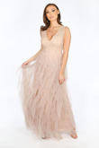 Lace & Ruffle Tulle Sleeveless Maxi Dress In Nude