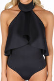 Navy Neoprene Frill Halter Neck Bodysuit