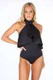 Navy Neoprene Frill Halter Neck Bodysuit