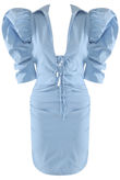 Sky Blue Puffed Sleeves Plunge Neck Dress