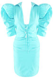 Mint Belle Puffed Sleeves Plunge Neck Dress