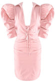 Rose Puffed Sleeves Plunge Neck Dress