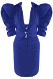 Royal Blue Belle Puffed Sleeves Plunge Neck Dress