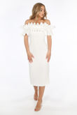 White Neoprene Ruffle Bardot Midi Dress