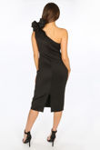 Black One Shoulder Ruffle Midi Dress Neoprene