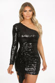 Black One Shoulder Sequin Mini Dress