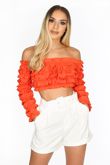 Orange Ruffle Long Sleeve Crop Top