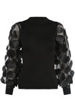 Black Flower Mesh Sleeve Trimming Ribbed Jumper